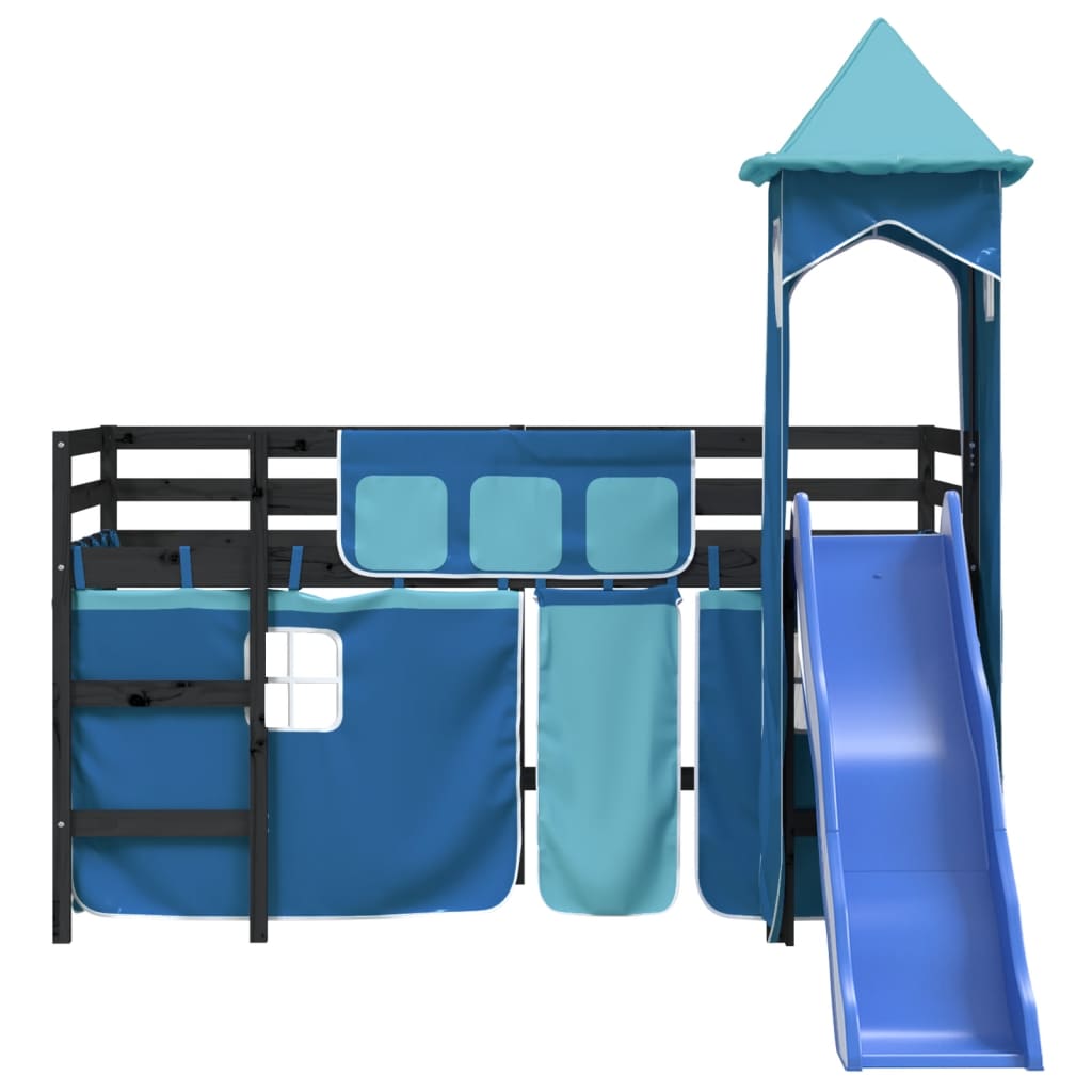 Letto a Soppalco con Torre Bambini Blu 90x200cm Massello Pino 3207079