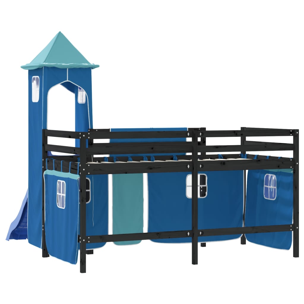 Letto a Soppalco con Torre Bambini Blu 90x200cm Massello Pino 3207079