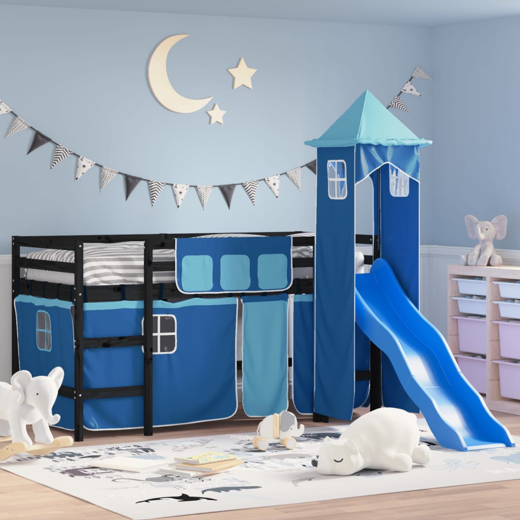 Letto a Soppalco con Torre Bambini Blu 90x200cm Massello Pino 3207079