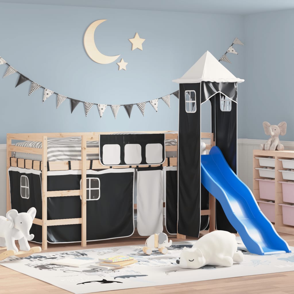 Letto a Soppalco con Torre Bambini Bianco e Nero 90x190cm Pinocod mxl 85318