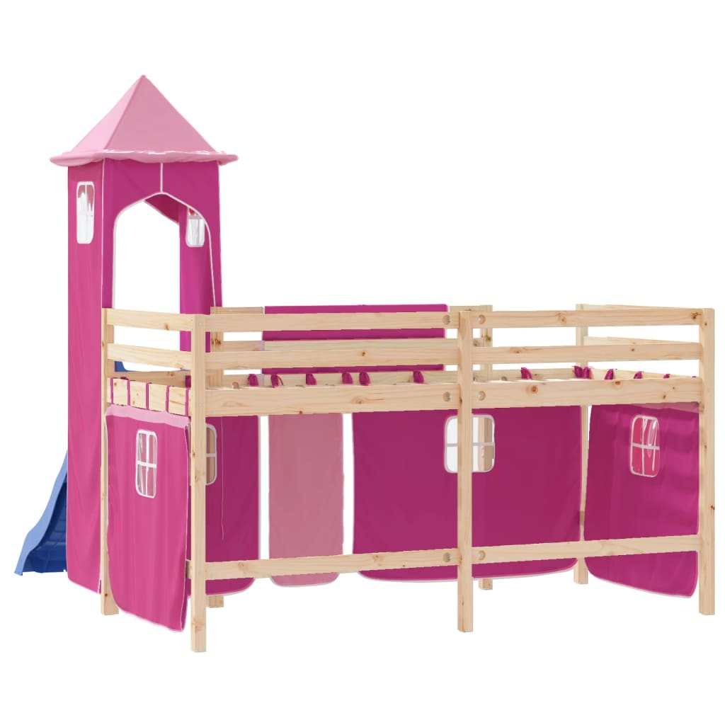 Letto a Soppalco con Torre Bambini Rosa 90x190cm Massello Pino 3207083