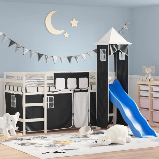 Letto a Soppalco con Torre Bambini Bianco e Nero 90x190cm Pino 3207084