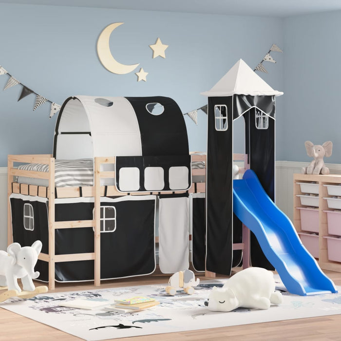 Letto a Soppalco con Torre Bambini Bianco e Nero 80x200cm Pino 3207090