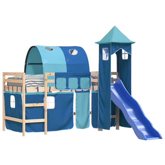 Letto a Soppalco con Torre Bambini Blu 80x200cm Massello Pino 3207091