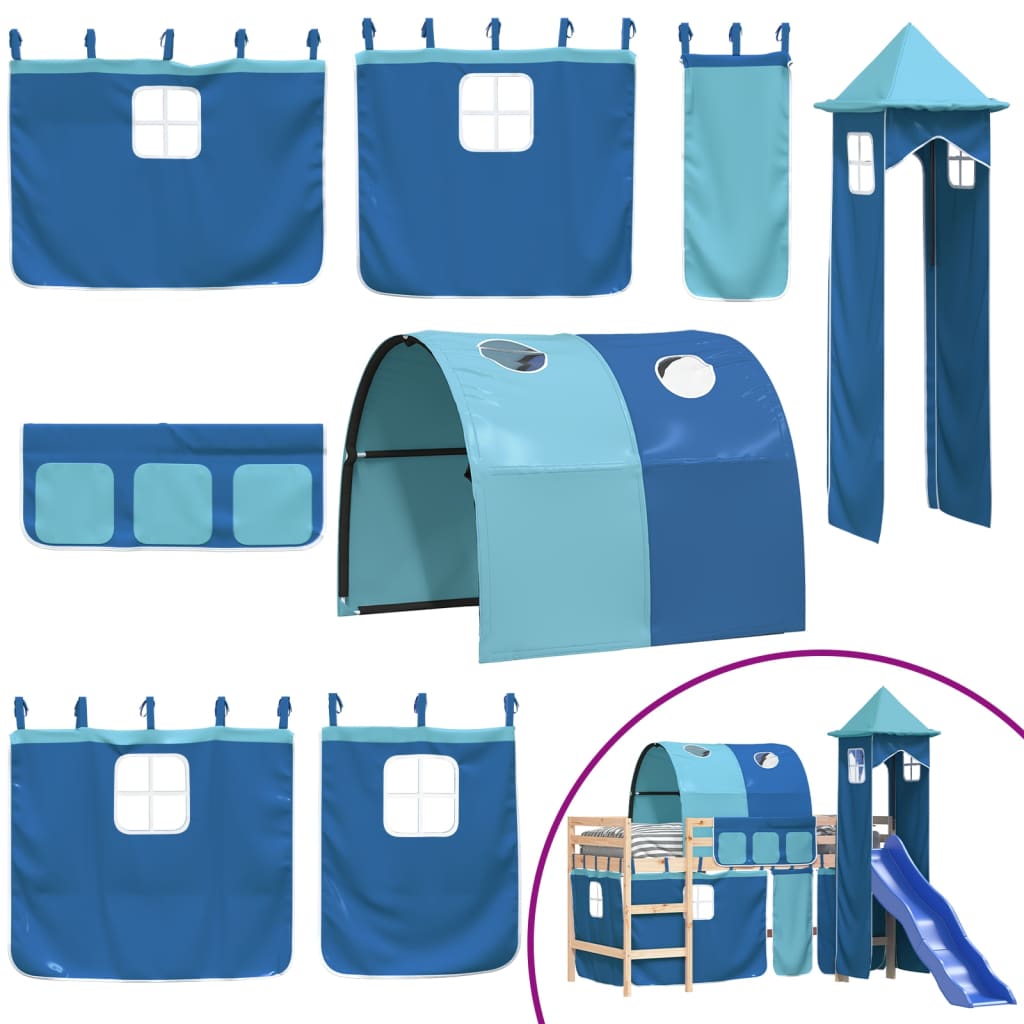 Letto a Soppalco con Torre Bambini Blu 80x200cm Massello Pino 3207091