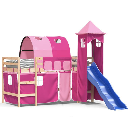 Letto a Soppalco con Torre Bambini Rosa 80x200cm Massello Pino 3207092