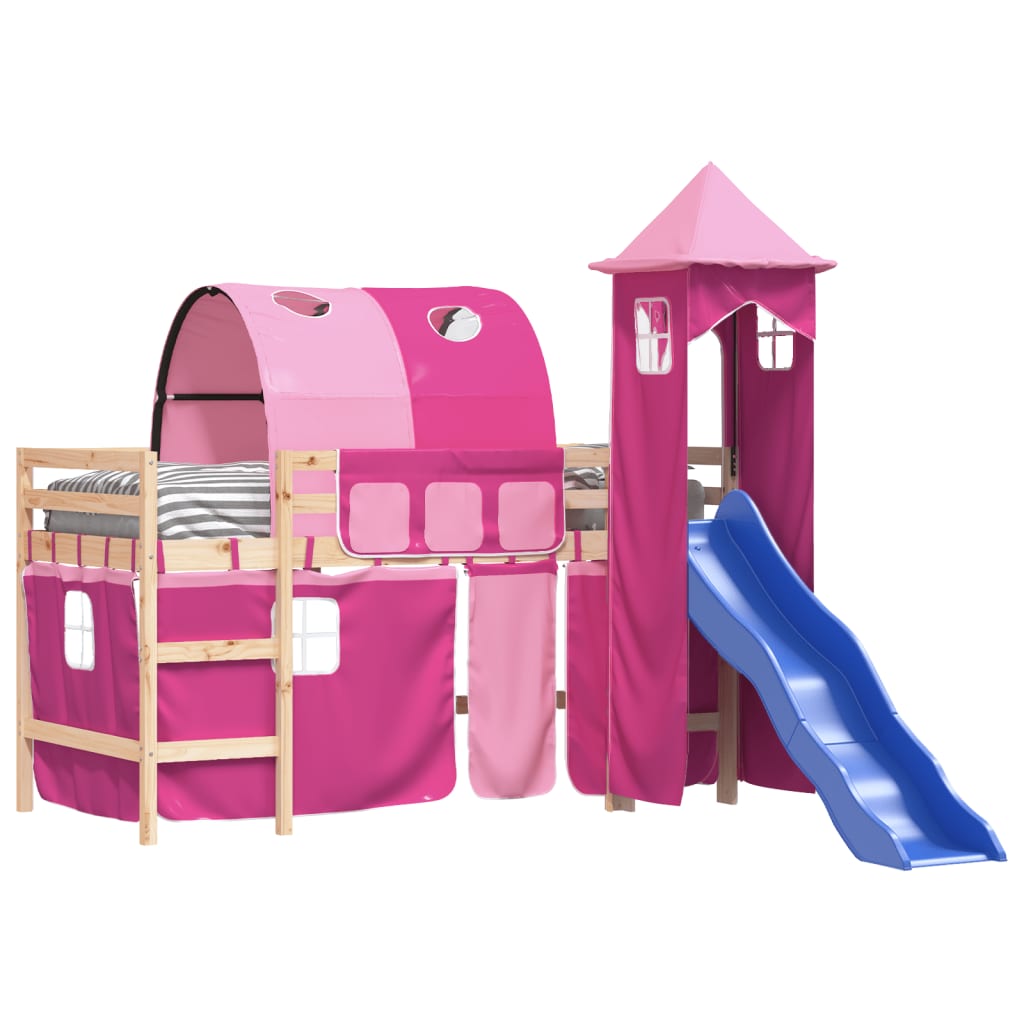 Letto a Soppalco con Torre Bambini Rosa 80x200cm Massello Pino 3207092