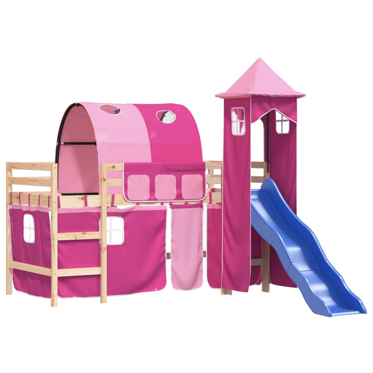 Letto a Soppalco con Torre Bambini Rosa 80x200cm Massello Pino 3207092