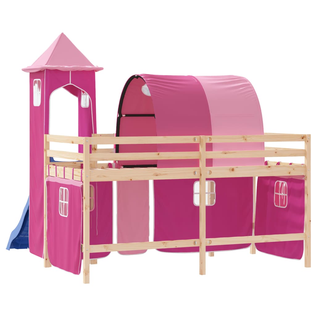 Letto a Soppalco con Torre Bambini Rosa 80x200cm Massello Pino 3207092