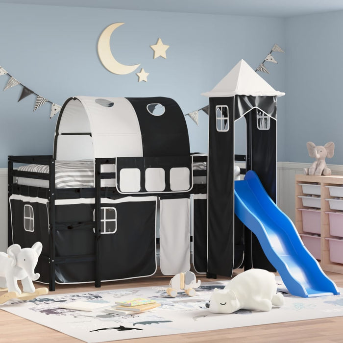 Letto a Soppalco con Torre Bambini Bianco e Nero 80x200cm Pino 3207096