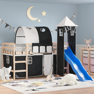 Letto a Soppalco con Torre Bambini Bianco e Nero 90x200cm Pino 3207099