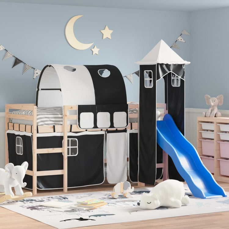 Letto a Soppalco con Torre Bambini Bianco e Nero 90x200cm Pino 3207099