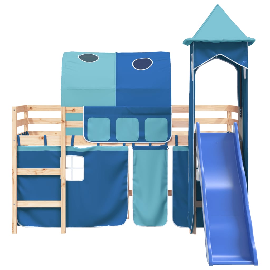 Letto a Soppalco con Torre Bambini Blu 90x200cm Massello Pino 3207100