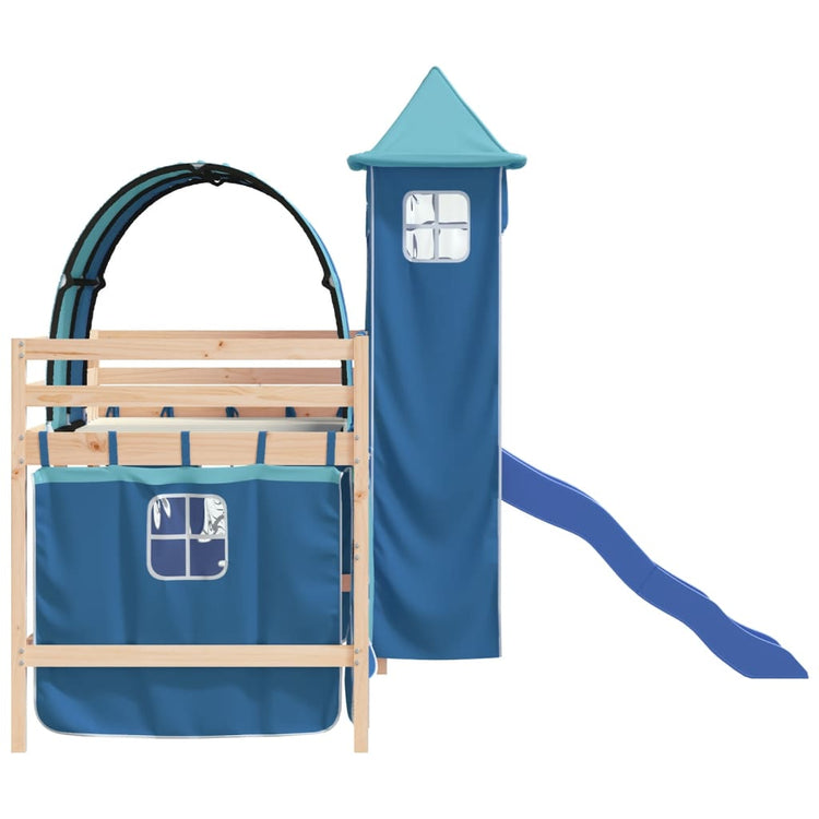 Letto a Soppalco con Torre Bambini Blu 90x200cm Massello Pino 3207100