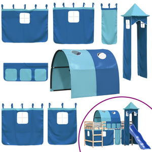 Letto a Soppalco con Torre Bambini Blu 90x200cm Massello Pino 3207100