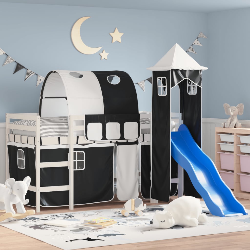 Letto a Soppalco con Torre Bambini Bianco e Nero 90x200cm Pino 3207102