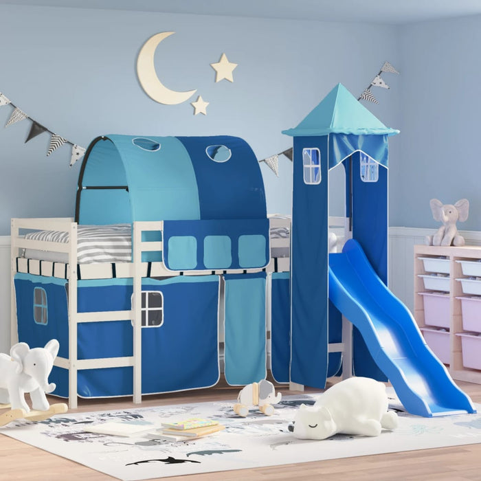 Letto a Soppalco con Torre Bambini Blu 90x200cm Massello Pino 3207103