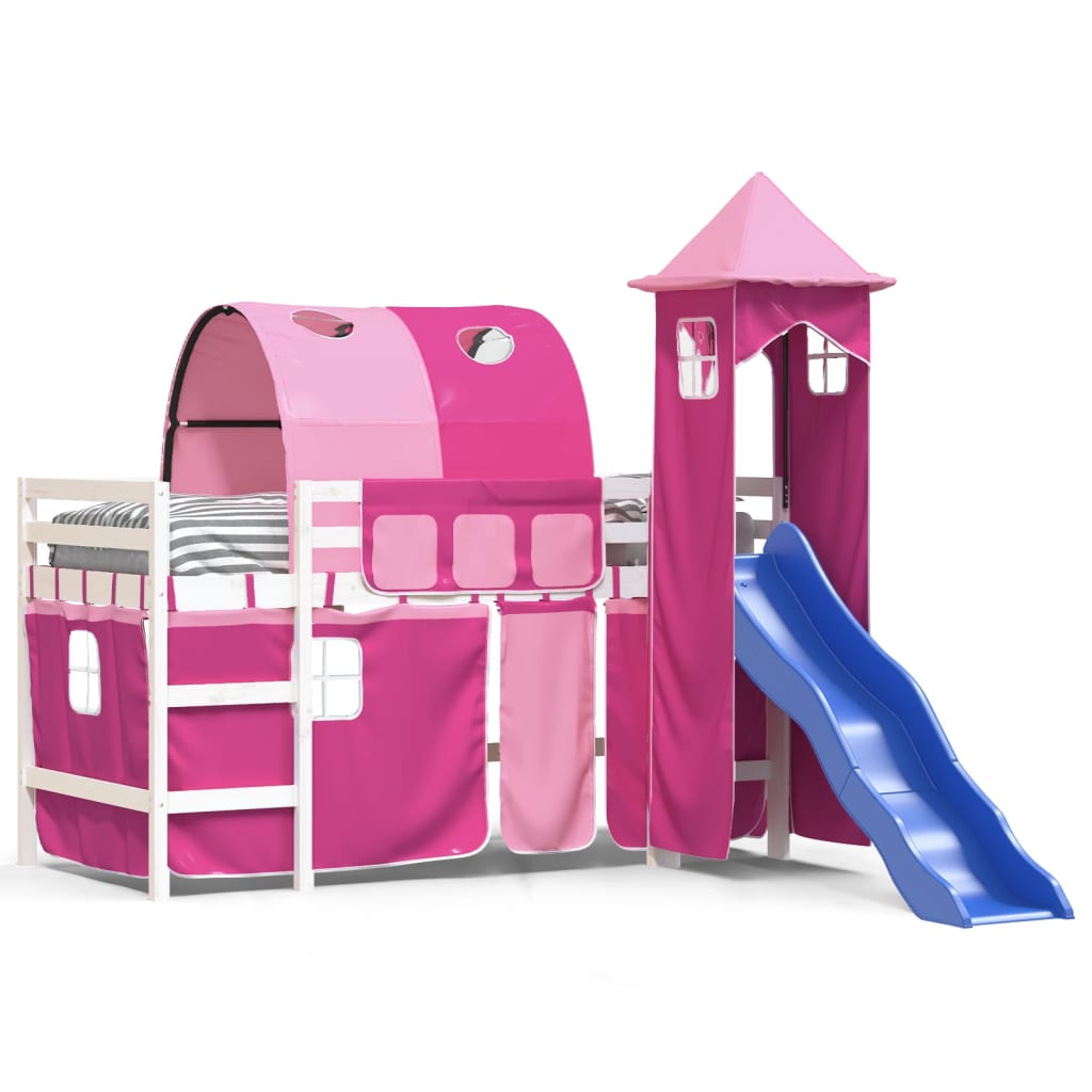 Letto a Soppalco con Torre Bambini Rosa 90x200cm Massello Pino 3207104