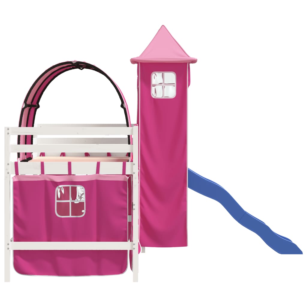 Letto a Soppalco con Torre Bambini Rosa 90x200cm Massello Pino 3207104