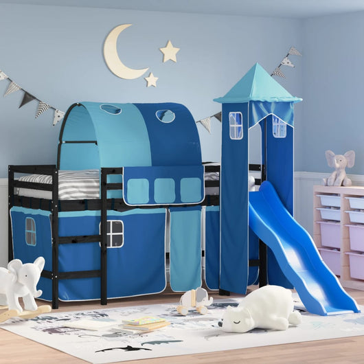 Letto a Soppalco con Torre Bambini Blu 90x200cm Massello Pino 3207106