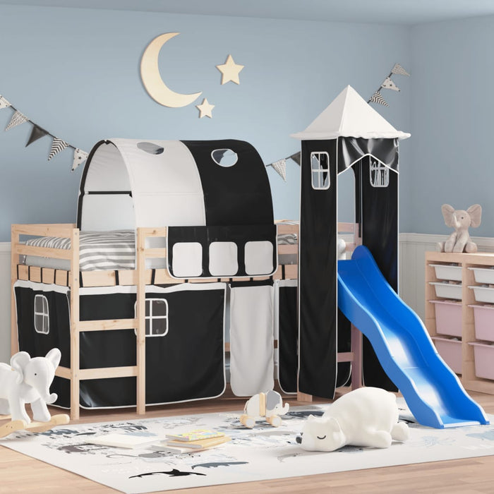 Letto a Soppalco con Torre Bambini Bianco e Nero 90x190cm Pino 3207108