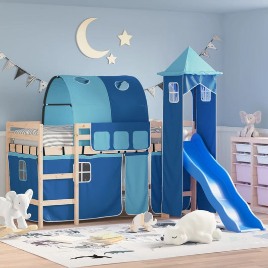 Letto a Soppalco con Torre Bambini Blu 90x190cm Massello Pino 3207109