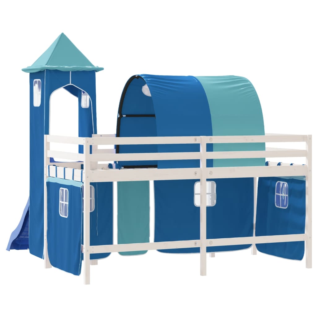 Letto a Soppalco con Torre Bambini Blu 90x190cm Massello Pino 3207112