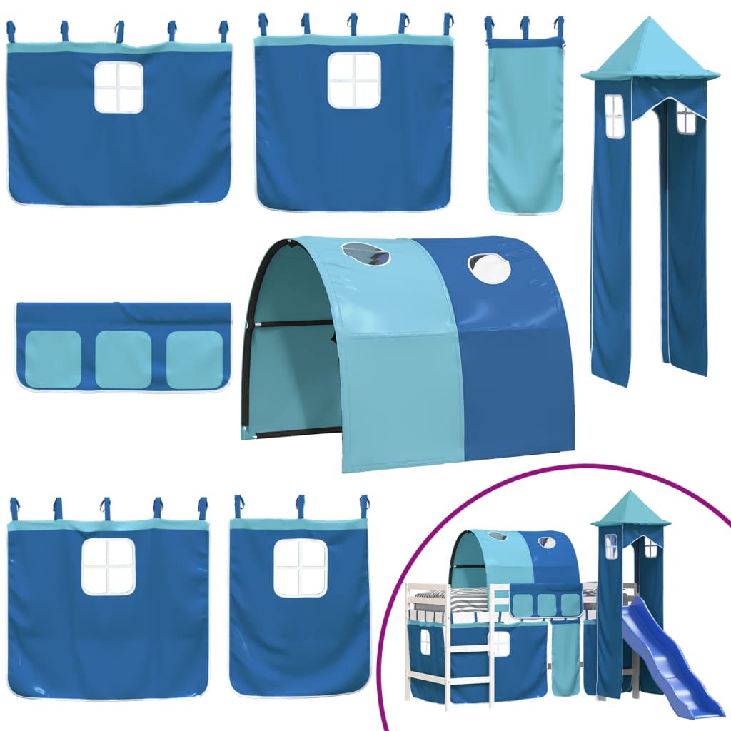 Letto a Soppalco con Torre Bambini Blu 90x190cm Massello Pino 3207112