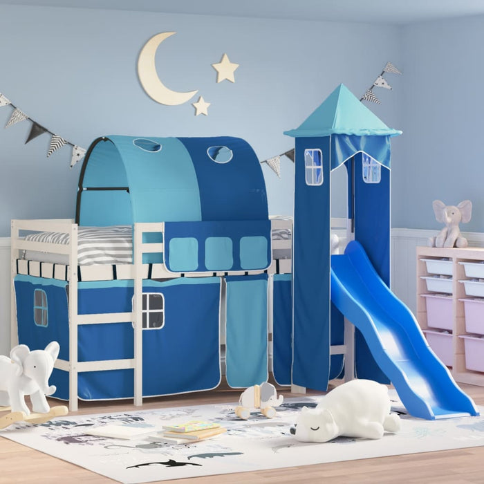 Letto a Soppalco con Torre Bambini Blu 90x190cm Massello Pino 3207112