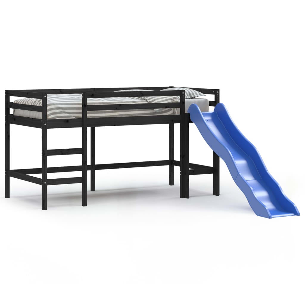 Letto Soppalco con Scivolo Bambini Nero 90x190cm Massello Pino 835912