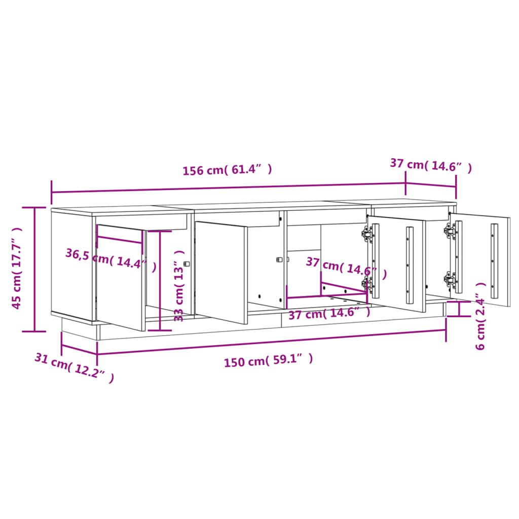 Mobile Porta TV Bianco 156x37x45 cm in Legno Massello di Pino 840157