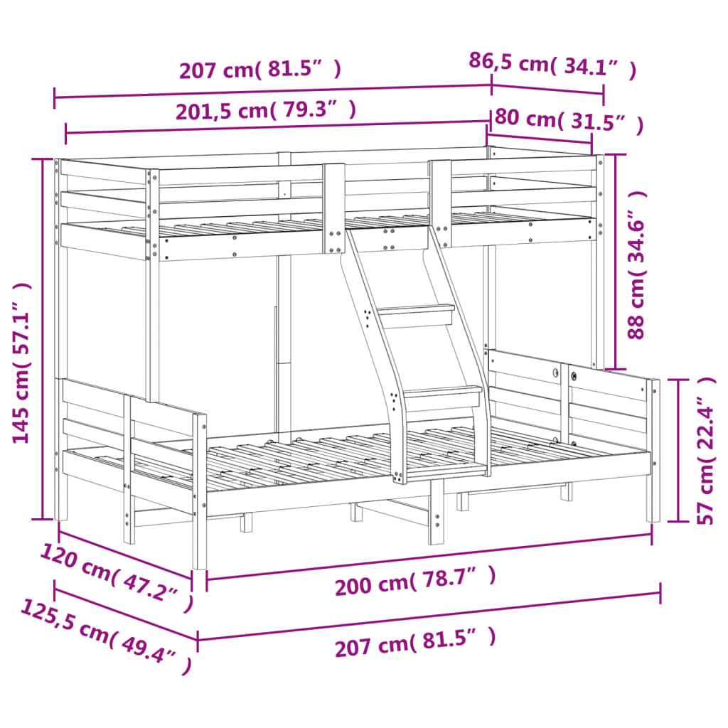 Letto a Castello 80x200/120x200 cm in Legno Massello di Pino 3207161