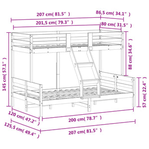 Letto a Castello 80x200/120x200cm Bianco Legno Massello di Pino 3207162