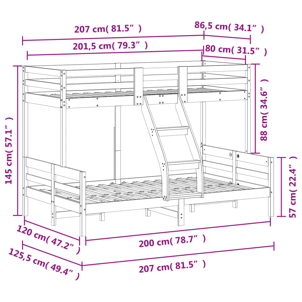 Letto a Castello 80x200/120x200 cm Marrone Cera Massello Pino 3207164