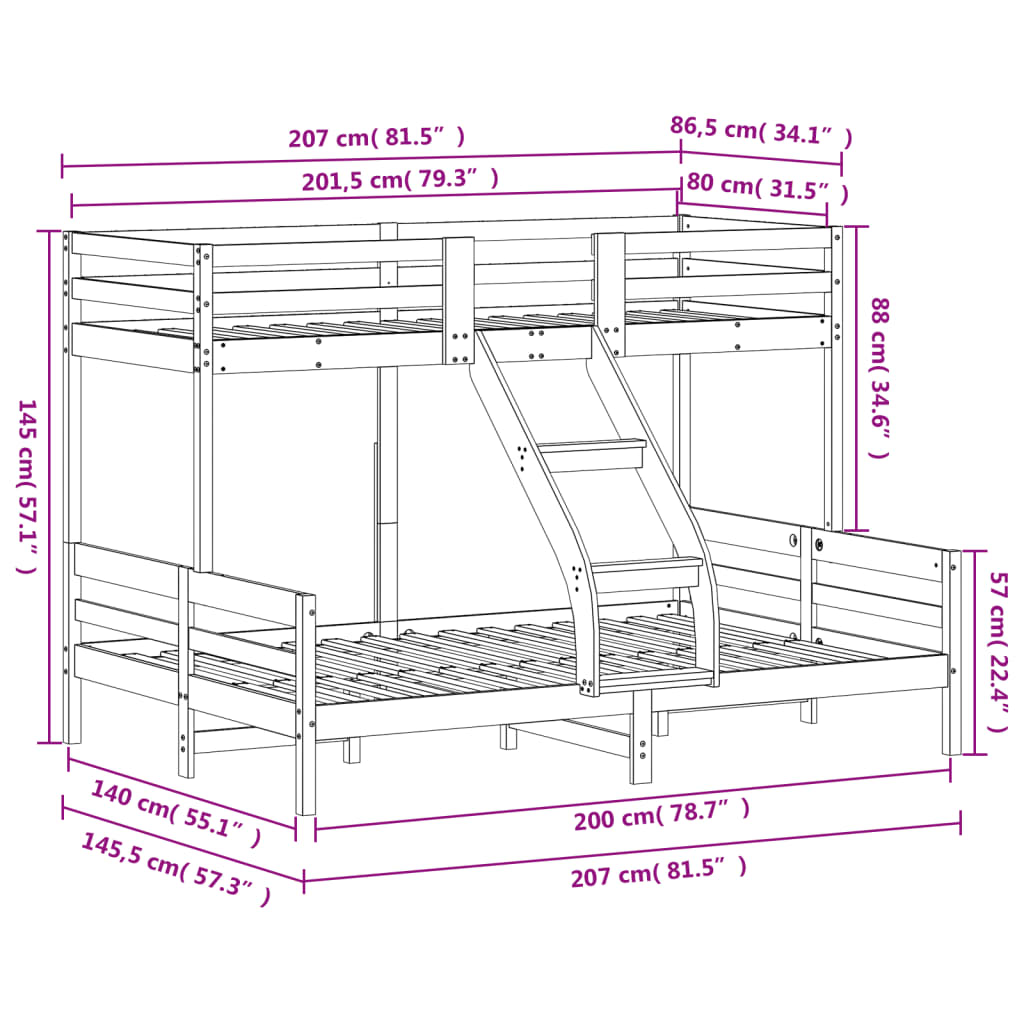 Letto a Castello 80x200/140x200 cm in Legno Massello di Pino 3207165