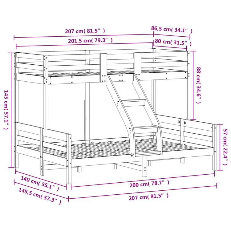 Letto a Castello 80x200/140x200 cm in Legno Massello di Pino 3207165