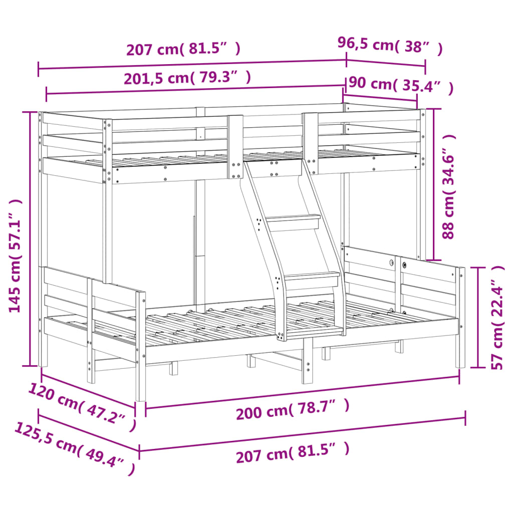 Letto a Castello 90x200/120x200cm Bianco Legno Massello di Pino 3207170