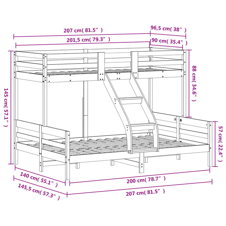 Letto a Castello 90x200/140x200 cm in Legno Massello di Pino 3207173