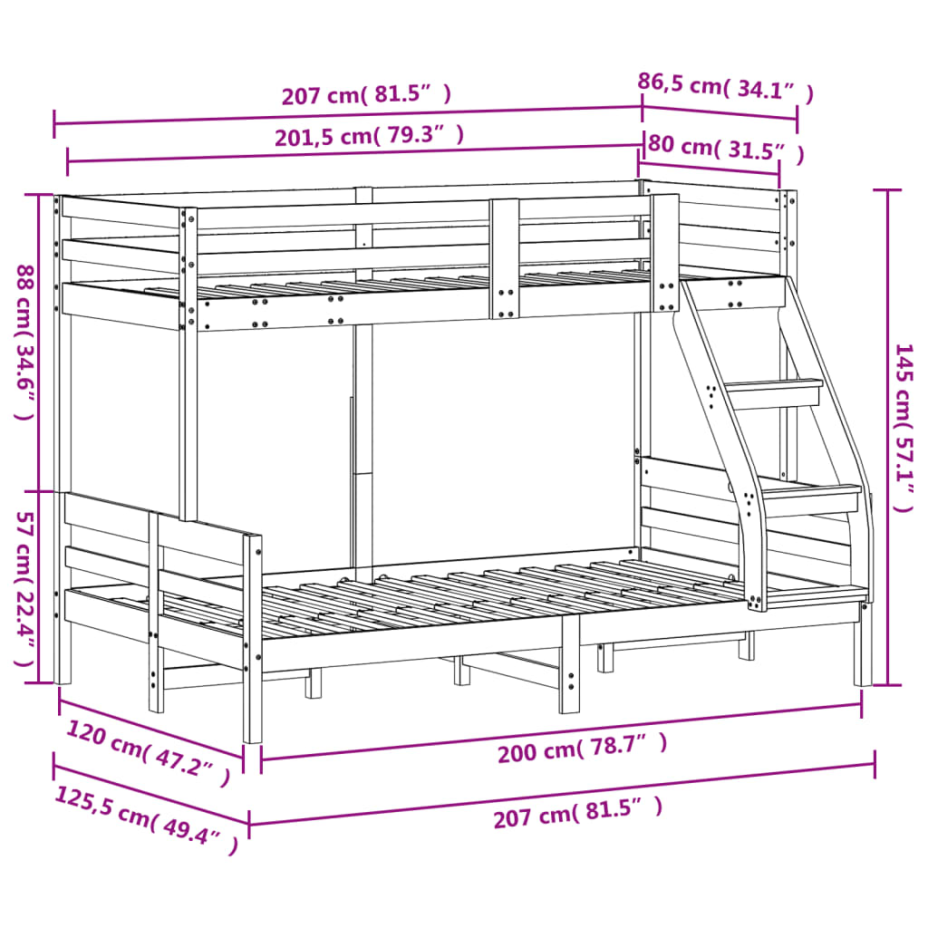 Letto a Castello 80x200/120x200cm Bianco Legno Massello di Pino 3207178