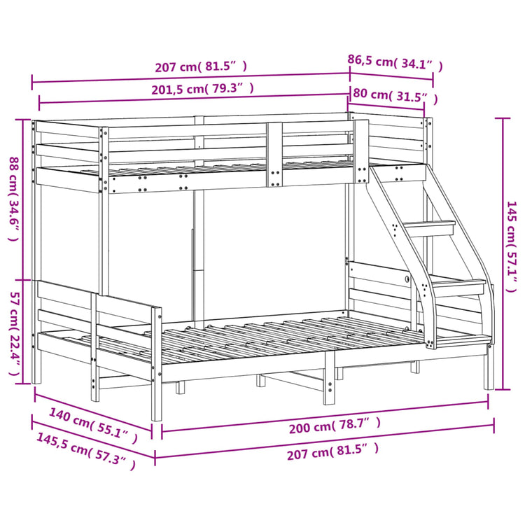 Letto a Castello 80x200/140x200cm Bianco Legno Massello di Pino 3207182