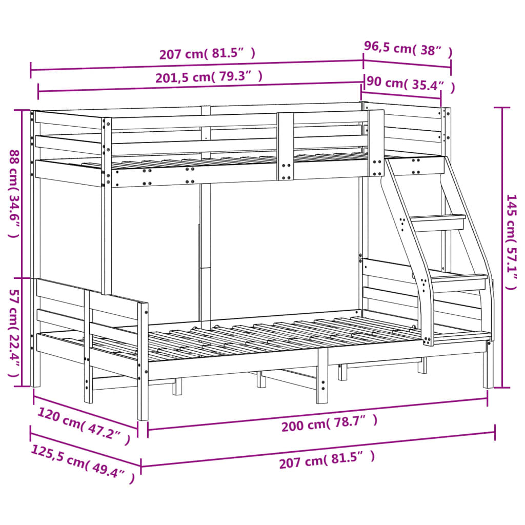 Letto a Castello 90x200/120x200 cm in Legno Massello di Pino 3207185