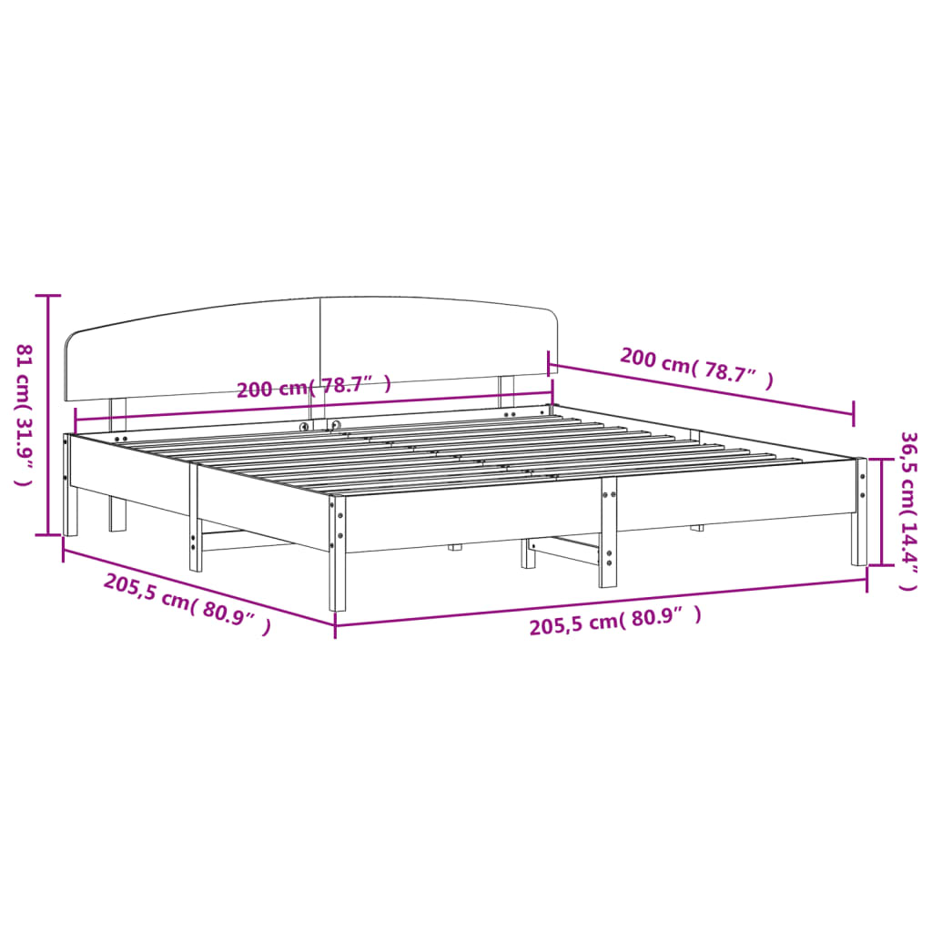 Giroletto con Testiera Bianco 200x200 cm Legno Massello di Pino 3207194