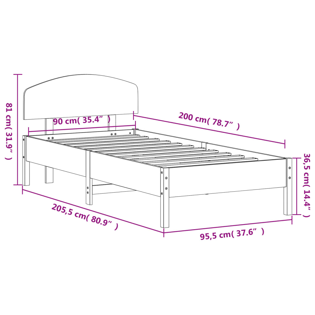 Giroletto con Testiera 90x200 cm in Legno Massello di Pino 3207221