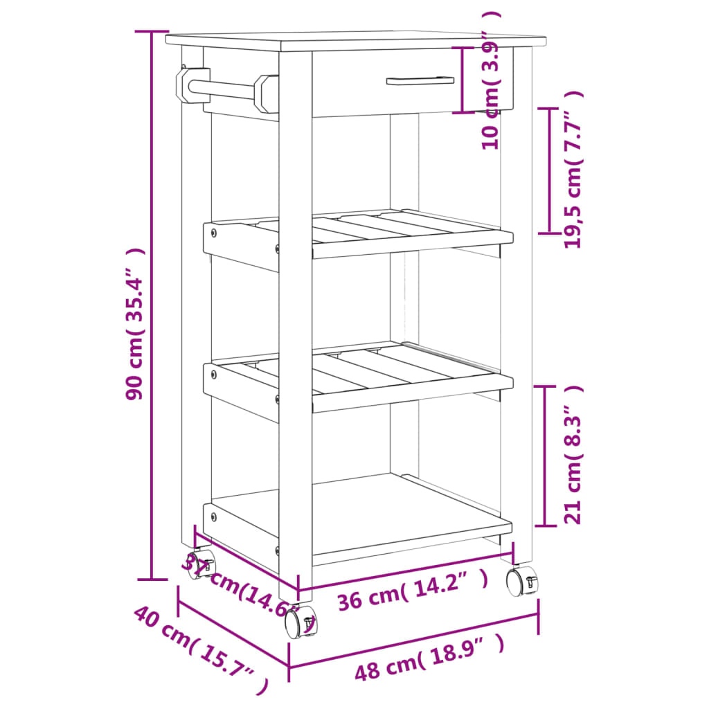 Carrello da Cucina MONZA 48x40x90 cm in Legno Massello di Pino 376079