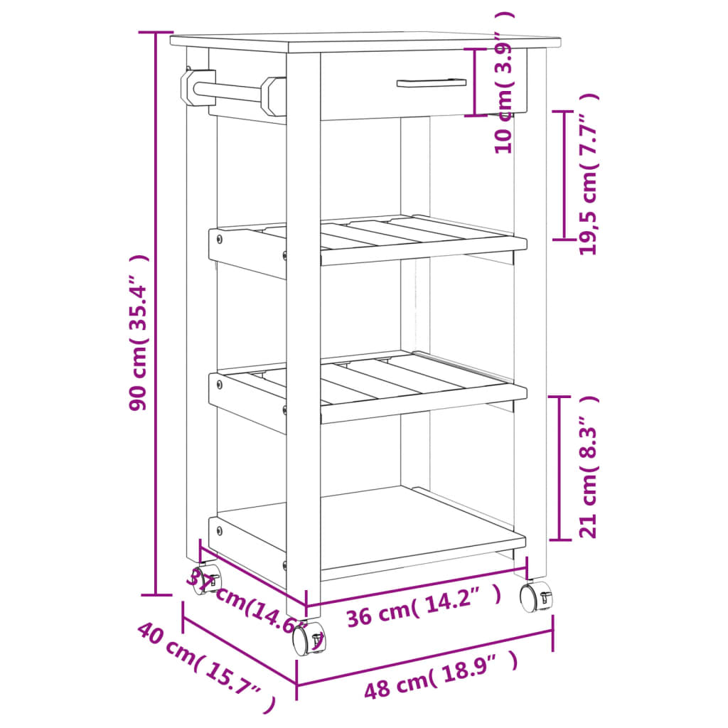 Carrello da Cucina MONZA 48x40x90 cm in Legno Massello di Pino 376081