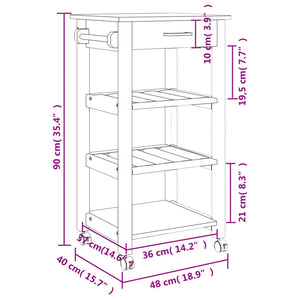 Carrello da Cucina MONZA 48x40x90 cm in Legno Massello di Pino 376081