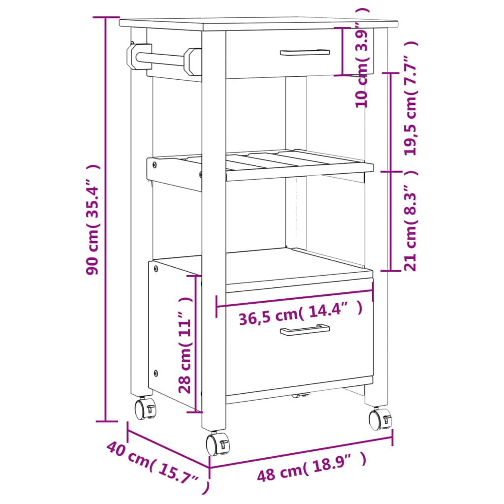 Carrello da Cucina MONZA 48x40x90 cm in Legno Massello di Pino 376082