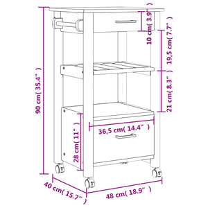 Carrello da Cucina MONZA 48x40x90 cm in Legno Massello di Pino 376082