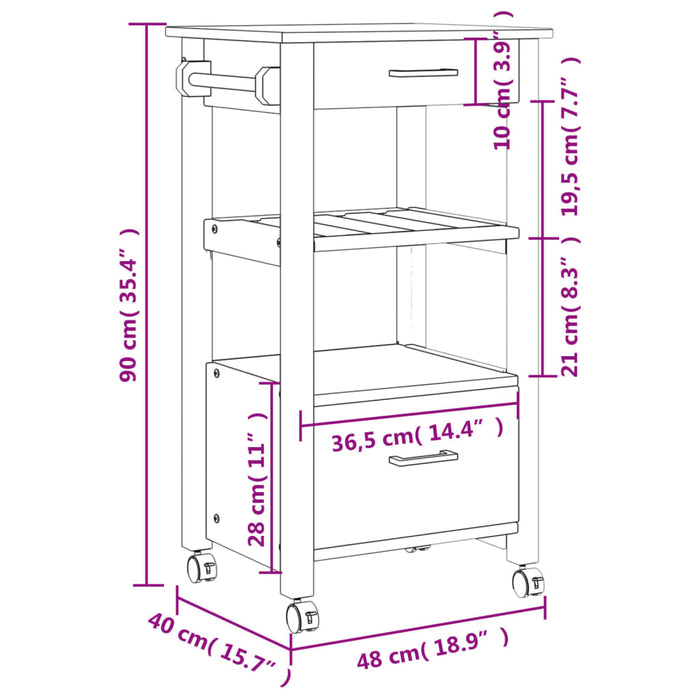 Carrello da Cucina MONZA 48x40x90 cm in Legno Massello di Pino 376082