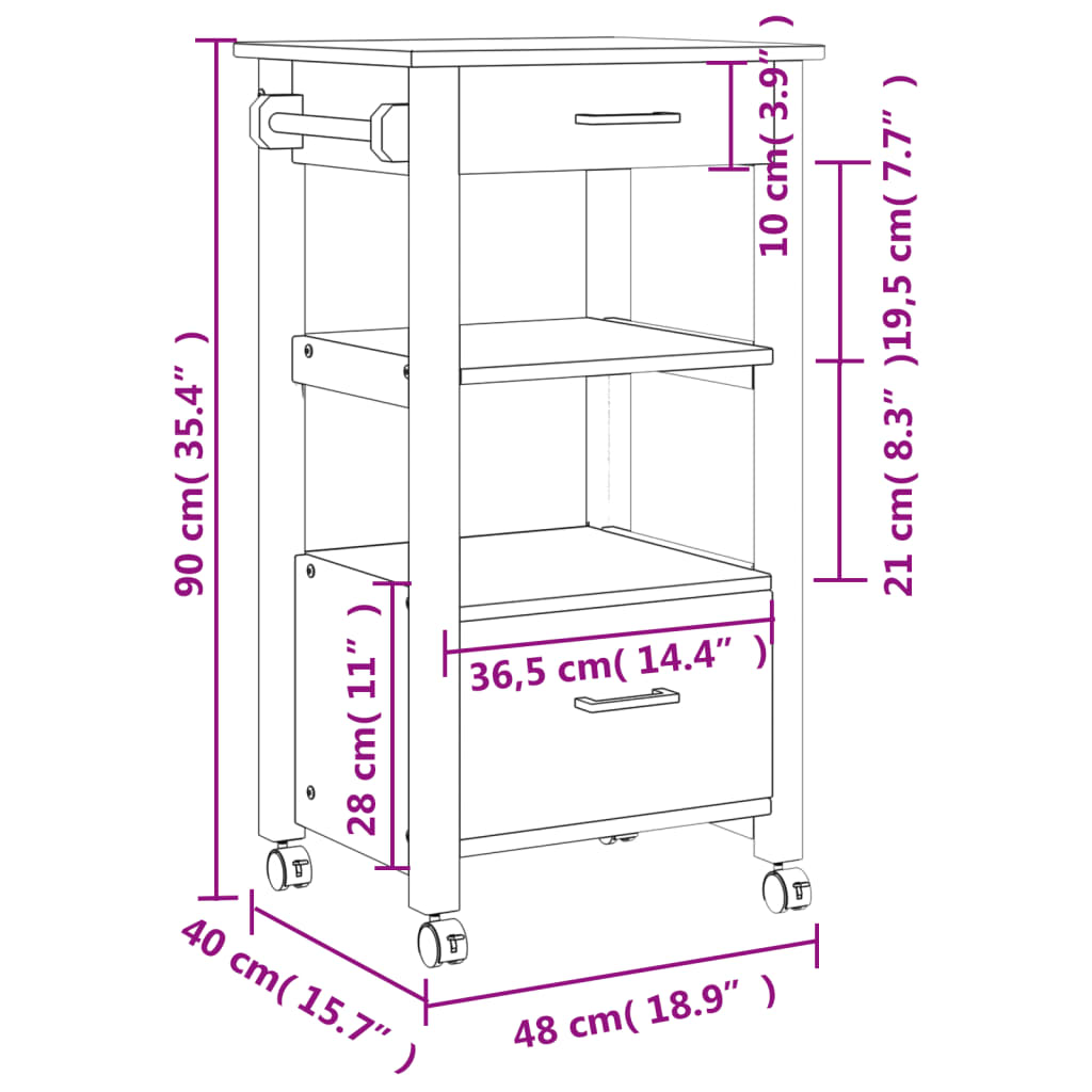 Carrello da Cucina MONZA 48x40x90 cm in Legno Massello di Pino 376085